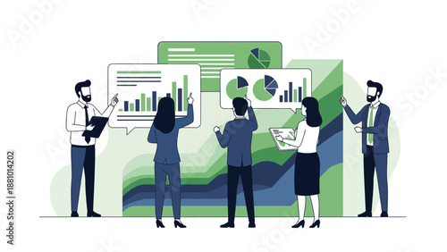 Business Analytics Team Analyzing Data Charts and Graphs for Strategy