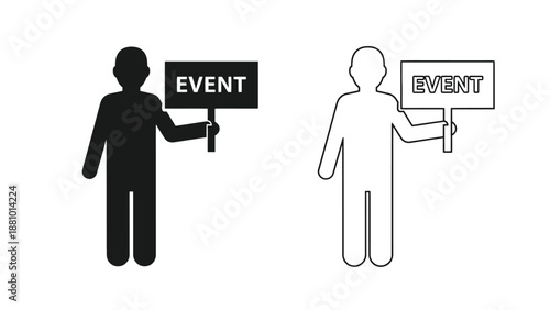 Black and white icons of people holding signs labeled event