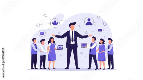 Business Leader Connecting Team Members with Digital Network