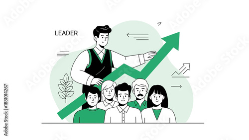 Business Leader Guiding Team Upward Growth With Green Arrow Chart