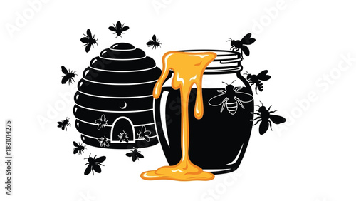 A black beehive and jar overflowing with golden honey surrounded by bees