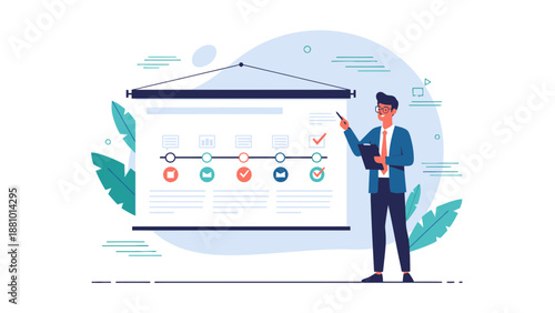 Business man presenting timeline on whiteboard, planning, strategy, progress