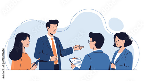 Business meeting illustration: Team discussing strategy with manager, modern flat design