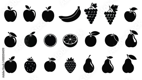 Black and white illustration of various fruits arranged in rows