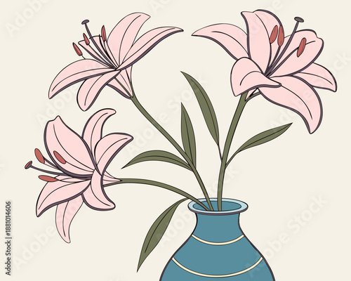 Minimalist illustration of pink lily flowers in a blue ceramic vase.