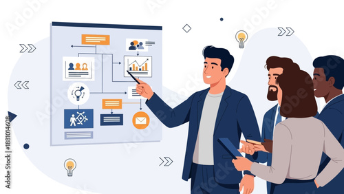 Business meeting: team analyzing flowchart on presentation board