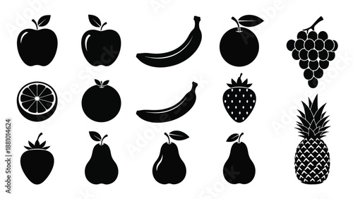 Black silhouette icons depicting various fruits like apples bananas and pineapple