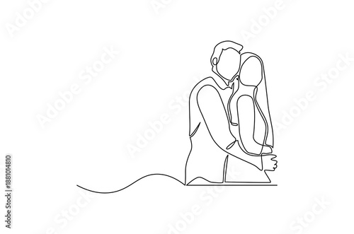 Continuous one line drawing of Husband hugging wife. Single line drawing illustration of International Hugging day. Man embrace for comfort concept vector art. Doodle line illustration.