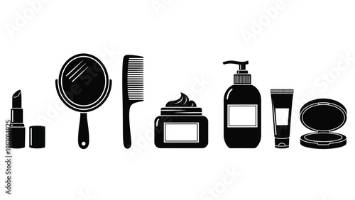 black and white illustration of various beauty products and tools