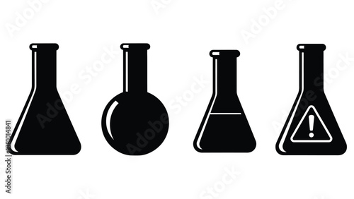 Four black silhouettes of erlenmeyer flasks and round bottom flasks