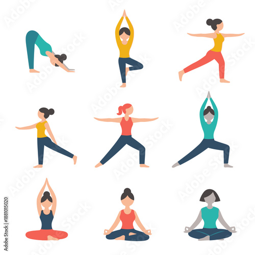Women Practicing Various Yoga Poses Illustration.
