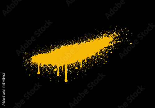 Vibrant yellow spray paint stroke with dripping paint and splattered drops on a solid black background.