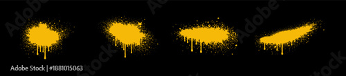 Set of four yellow spray paint splatters with dripping paint textures isolated on a solid black background.