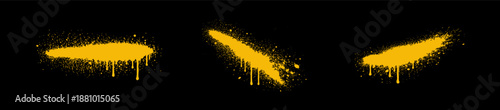 Set of three vibrant yellow spray paint streaks with realistic drips and splatters on a black background for urban graffiti design.