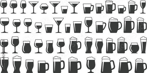 Assortment of beverage glasses and beer mugs in silhouette on white background Keywords: glass, mug, drink, beverage, wine glass