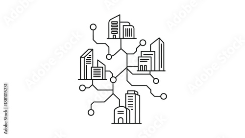 Business Network and Organizational Structure Illustration for Corporate Communication Systems. This vector graphic represents interconnected departments, offices, and teams within a business network

