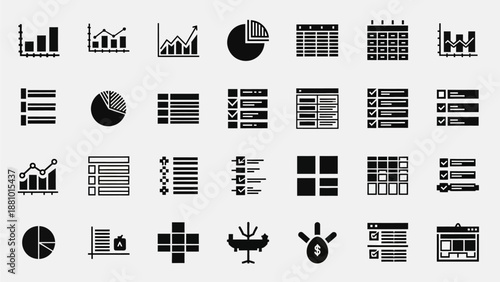 
Dashboard and Data Visualization Icons for Business Reporting and Analytics Interfaces. This icon set includes charts, tables, graphs, and layout symbols commonly used in admin panels and analytics d