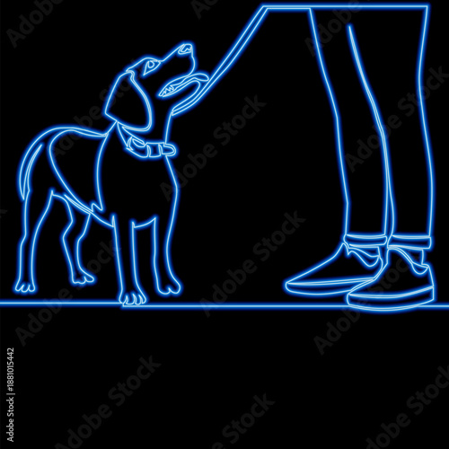 Dog on leash beside owners legs icon neon glow vector illustration concept