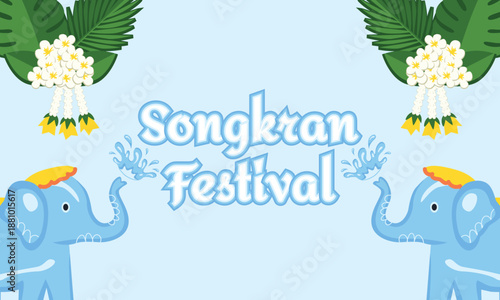 Songkran Thai New Year Festival Banner with Elephants, Water Jars, Tropical Flowers and Splashes