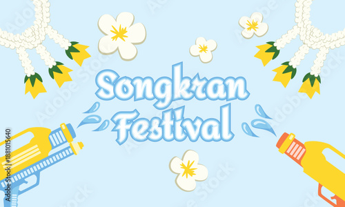 Playful Songkran Festival Banner with Water Splashes, Water Guns, Tropical Decorations and Flowers