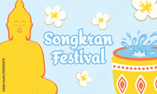 Songkran Thai New Year Banner with Water Splashes, Buddha Statue, Flowers and Traditional Water Jars