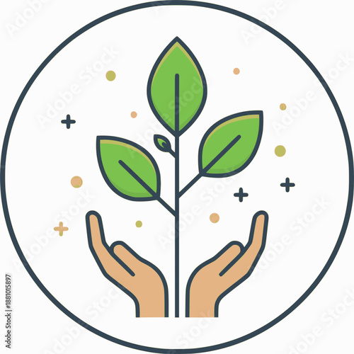 Hands protecting green plant sapling in circle icon
