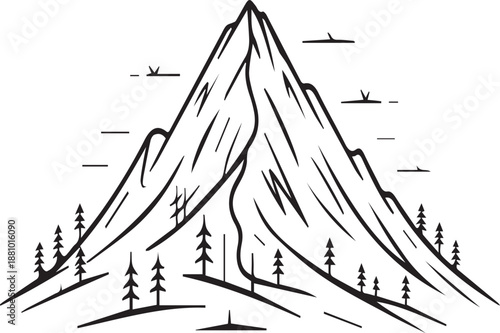 Black and white of a mountain with trees and birds flying around