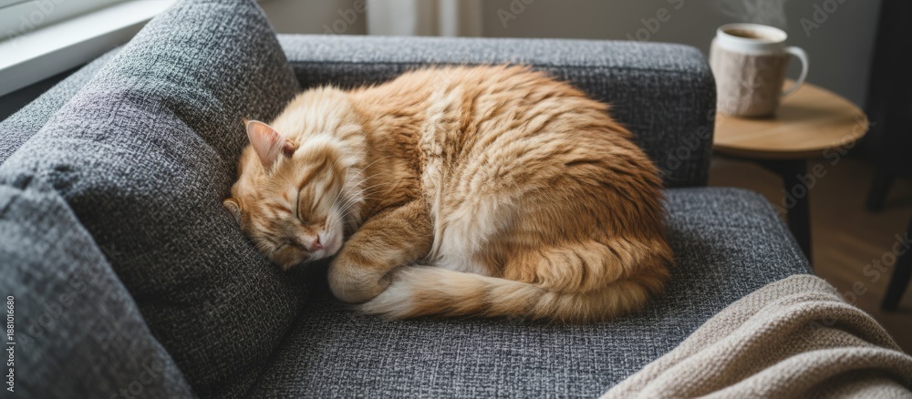 Fototapeta premium Ginger Cat Sleeping On Gray Couch Near Wooden Side Table With Coffee Mug, Slow Morning Mood, Textured Throw And Warm Neutral Palette, Coffee Break Companion In Relaxed Home Routine.