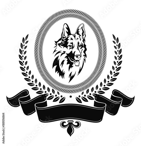 German Shepherd Emblem: An elegant emblem showcasing the noble profile of a German Shepherd, framed by laurel wreaths and a decorative banner, exuding timeless quality.