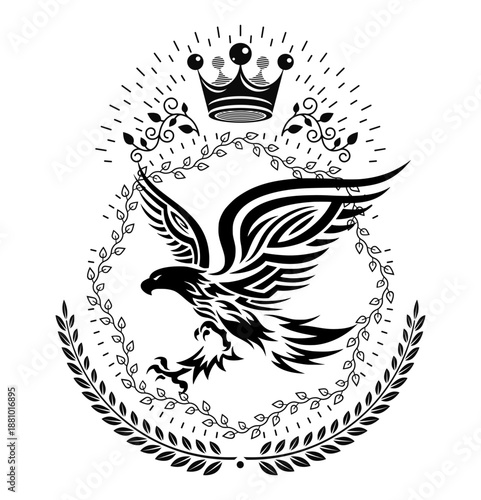 Heraldic Eagle Emblem: A majestic emblem features an eagle in full flight, its wings spread wide, encircled by laurel wreaths and topped with a royal crown, symbolizing power and prestige.