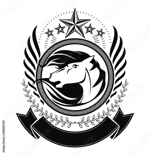 Equestrian Emblem: An elegant emblem featuring a spirited horse, framed by a wreath, wings, stars, and a banner, designed in monochrome.