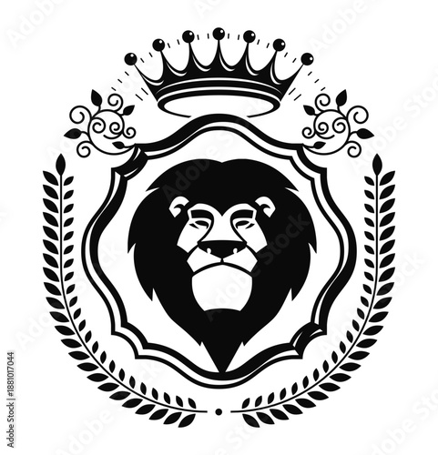 Majestic Crest of a Lion: A meticulously crafted heraldic crest, centered around a powerful lion, symbolizing strength and authority, crowned with a regal emblem of royalty.