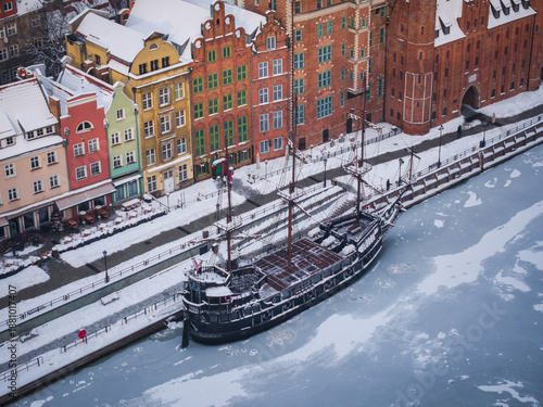Aerial view of the beautiful main city in Gdansk at winter, Poland