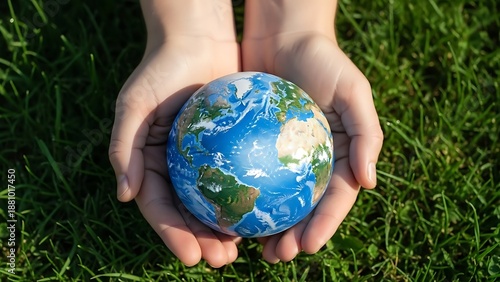 A close-up view of hands cradling a globe against a backdrop of vibrant green grass