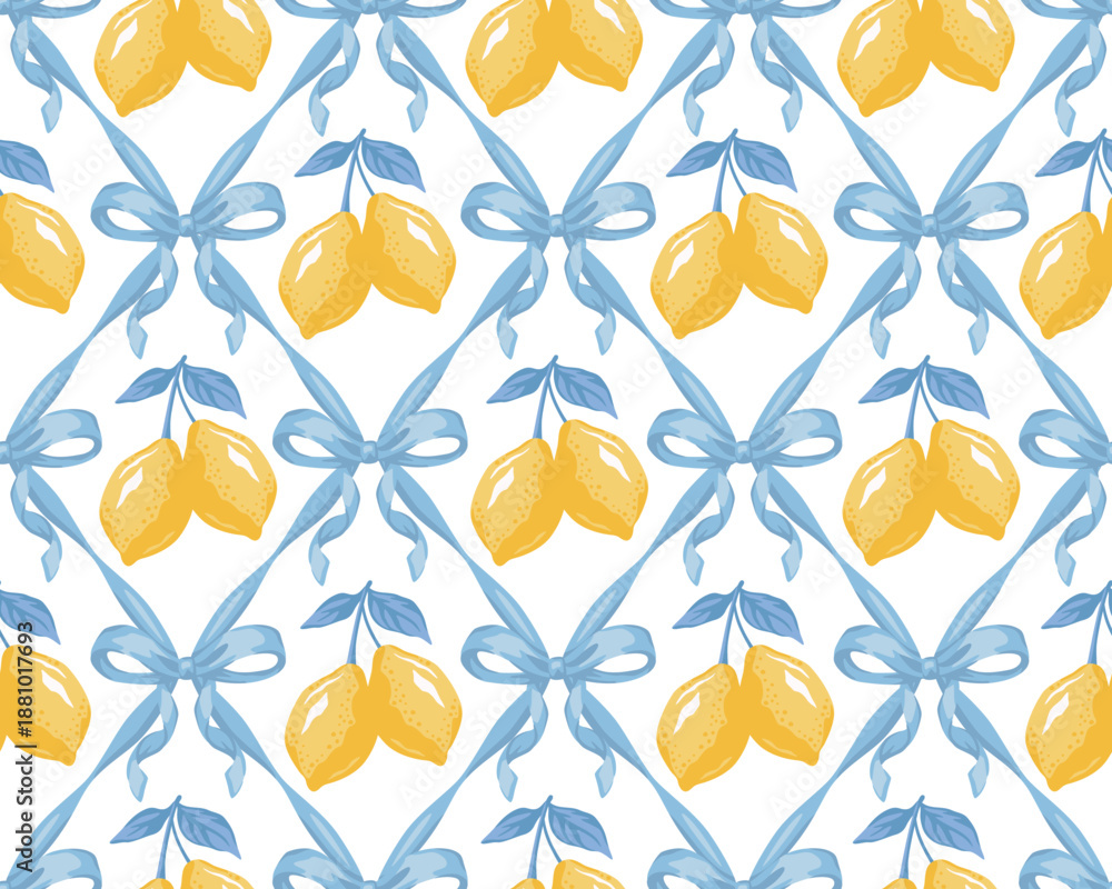 Obraz premium Yellow lemons , blue bow, ribbon seamless pattern. Fruit summer wallpaper. 