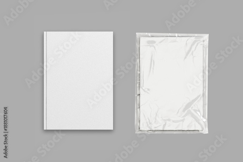 White realistic magazine or brochure A4 for presentation wrapped in transparent cover. Notebook for place for text. Closed vertical magazine mockup with top view. 3d rendering