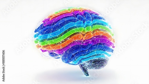 A detailed 3D rendering of a human brain with layered colorful sections