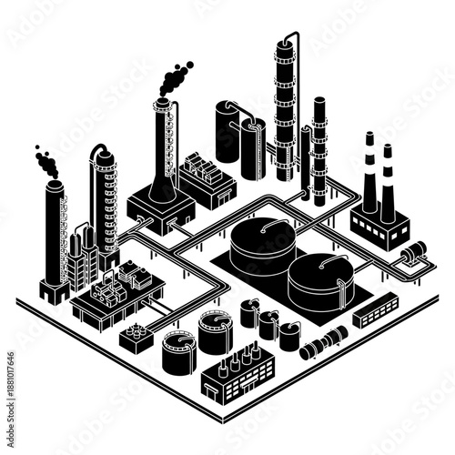 Industrial complex with various factories and infrastructure.