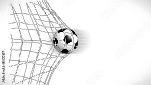 A digitally created image of a soccer ball entering the goal net. White background