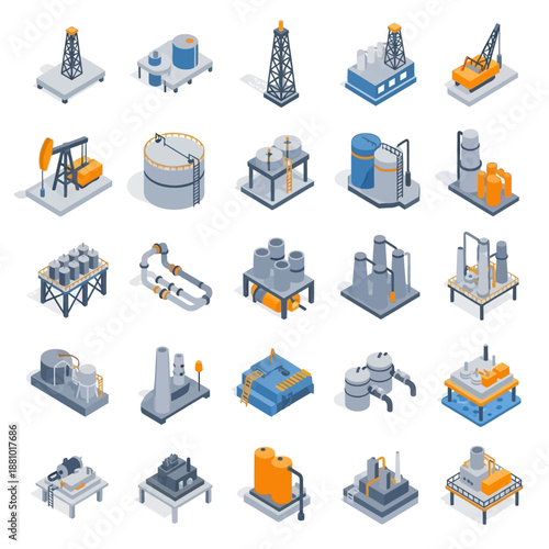 Industrial equipment and machinery icons set in isometric style.
