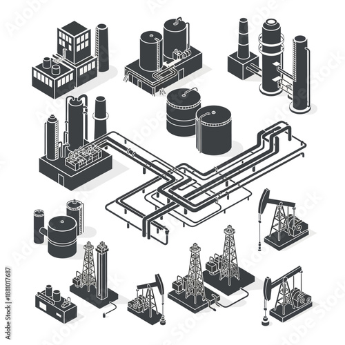 Industrial Oil Refinery and Extraction Equipment Illustration.