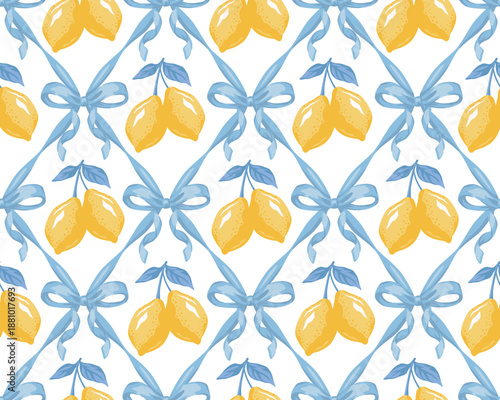 Yellow lemons , blue bow, ribbon seamless pattern. Fruit summer wallpaper.	