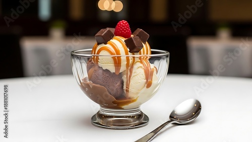 A fancy ice cream sundae in a glass bowl, with caramel, chocolate, and a raspberry garnish