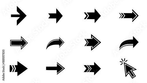 Set of 12 black arrow icons vector isolated PNG with Transparent Background