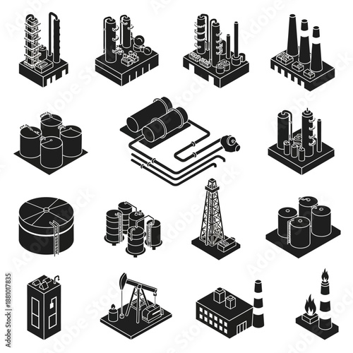 Industrial icons set including oil rigs and refineries in black and white.