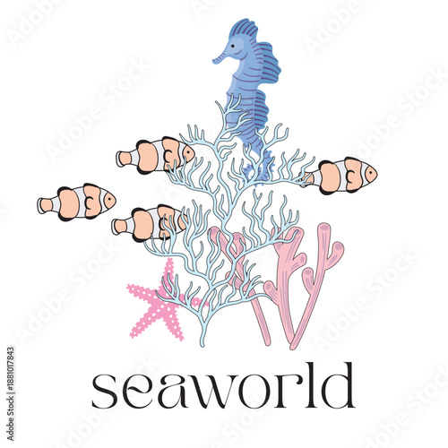 Sea world print. Fish, seahorse, starfish, coral reefs illustration.