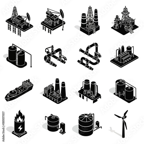Industrial equipment and machinery icons set in black and white.