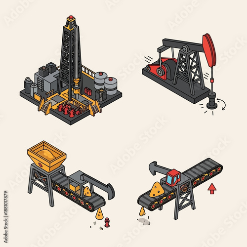 Oil rig and refining equipment illustration set.