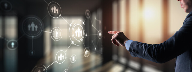 HR Recruitment Structure Global Outsourcing Social network communication concept. Virtual screen