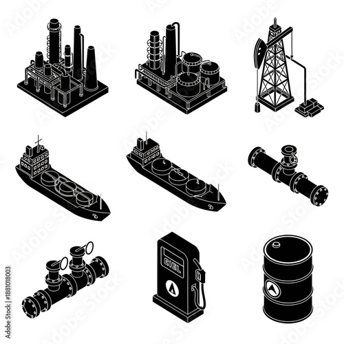 Oil industry icons set including refineries, rigs, and equipment.